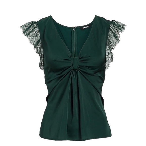 • Express • Satin V-Neck Flutter Lace Sleeve Knot Gramercy Top - Picture 5 of 9